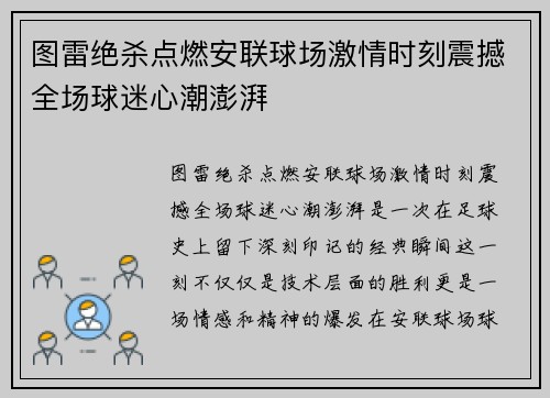 图雷绝杀点燃安联球场激情时刻震撼全场球迷心潮澎湃